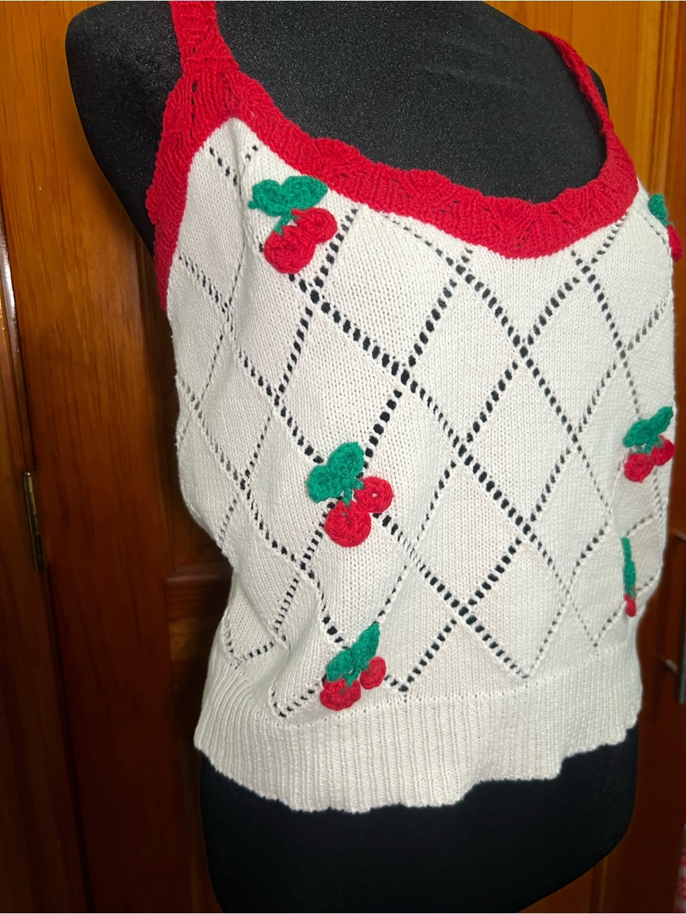 Sugarlips White Knit Cherry Appliqué Tank Top with Red Trim - Picture 5 of 5